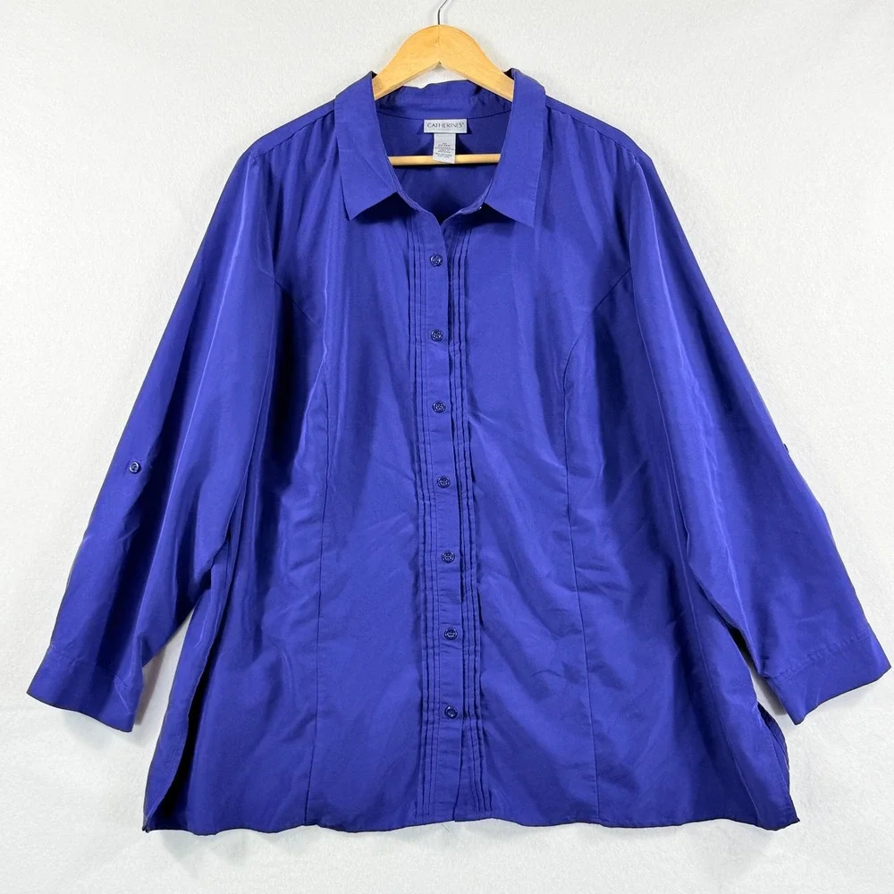 Catherines Button Down Blouse Womens 2X Indigo Pleated Roll Tab Office Classic